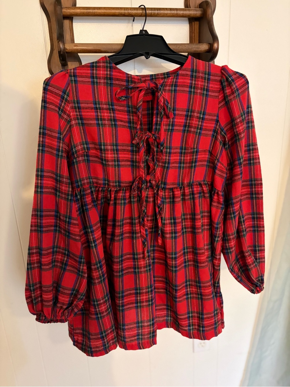 Women's Red Plaid Tie-Front Peasant Top